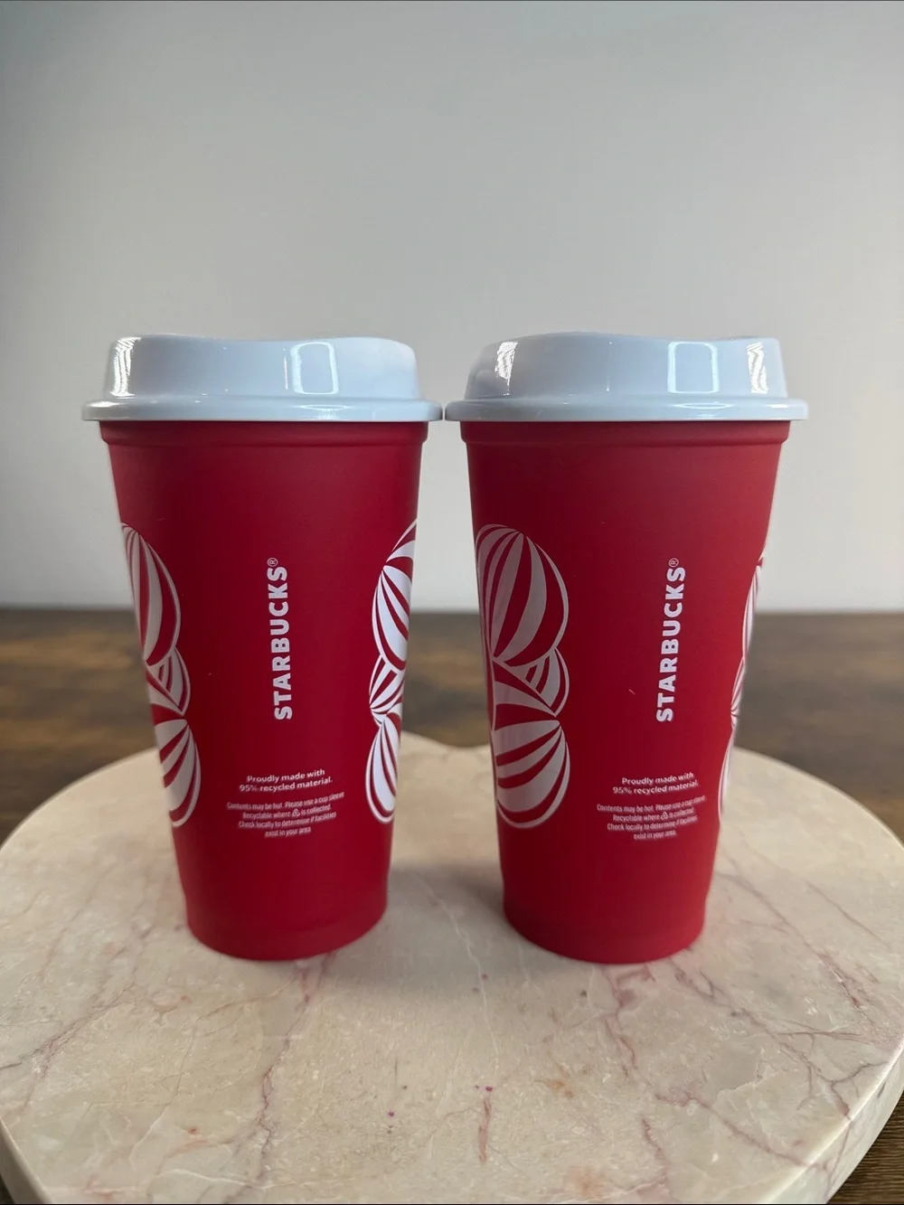 Starbucks Red Holiday Cups with Green Logo and White Lids (Pair)